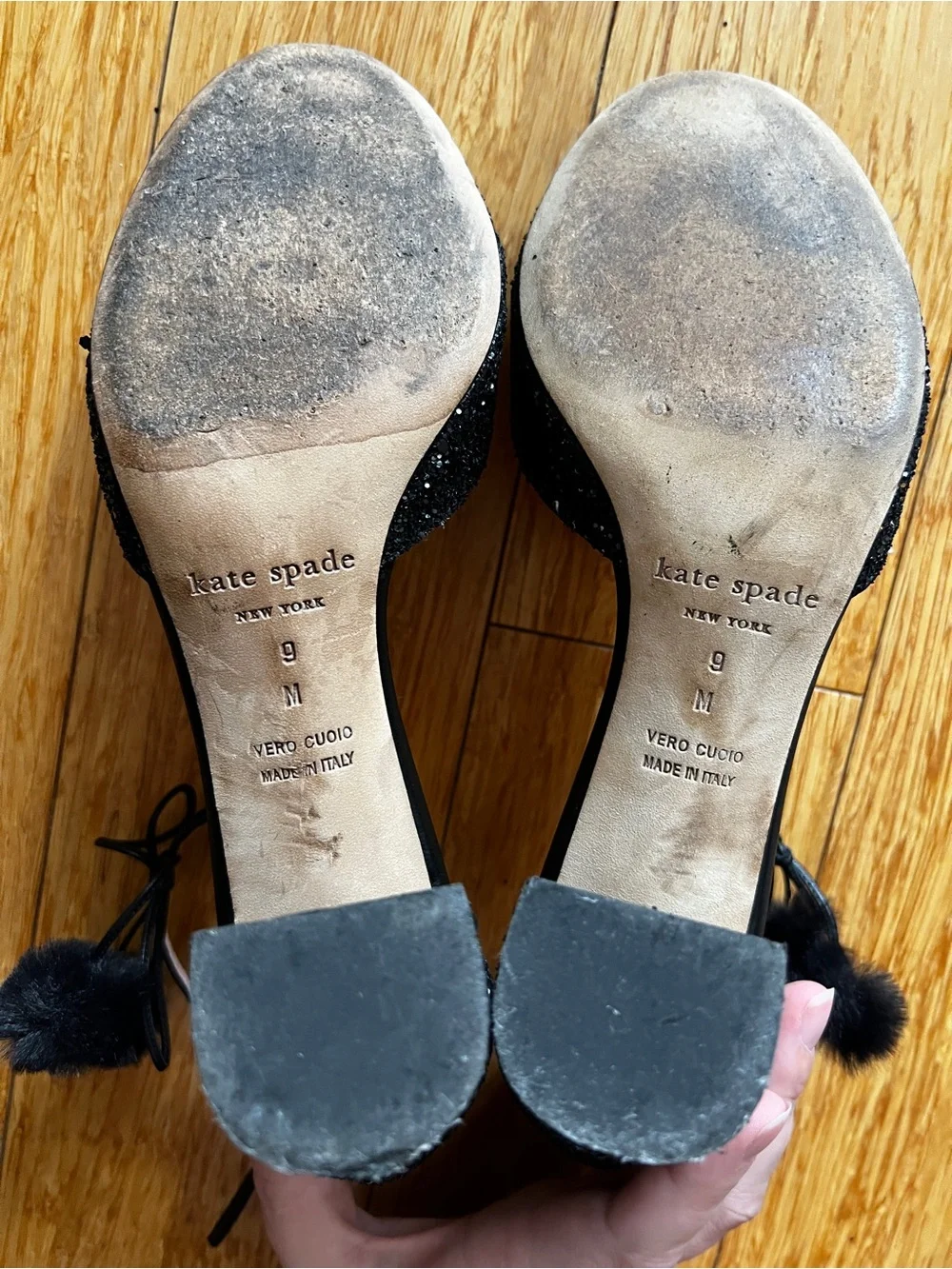 kate spade Abigail Black Glitter Ankle-Strap Block Heels with Pom Pom